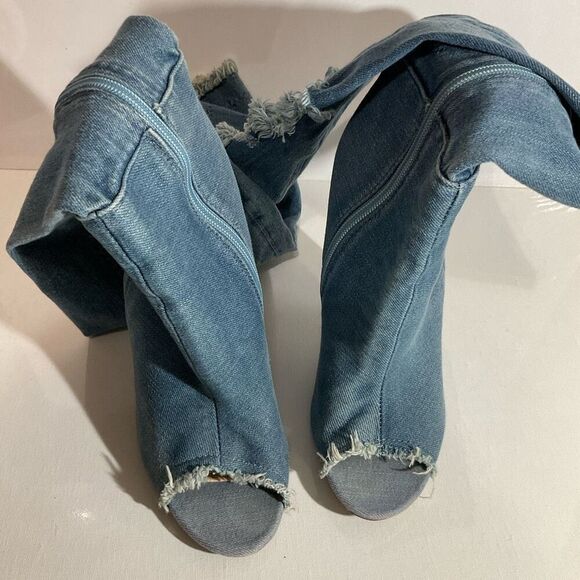 Lola Shoetique Denim Open Toe, High Heel , knee High Boots size 7 - Picture 1 of 12